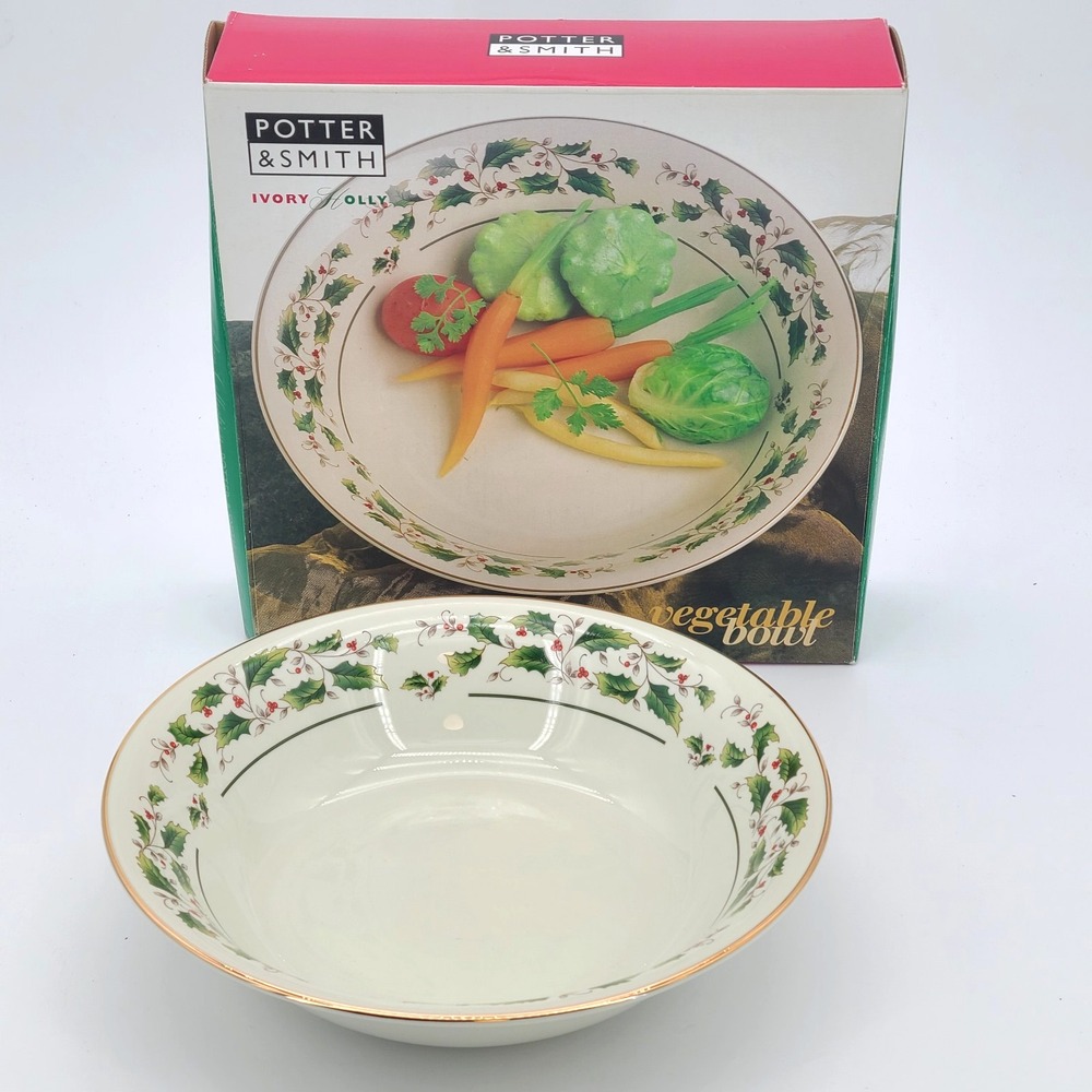 Potter & Smith Ivory Holly 9" Vegetable Serving Bowl Christmas Japan Gold Trim